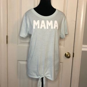 MAMA Short Sleeve T-Shirt, Sz. L, Blue, Ties/Knots at hem in front.